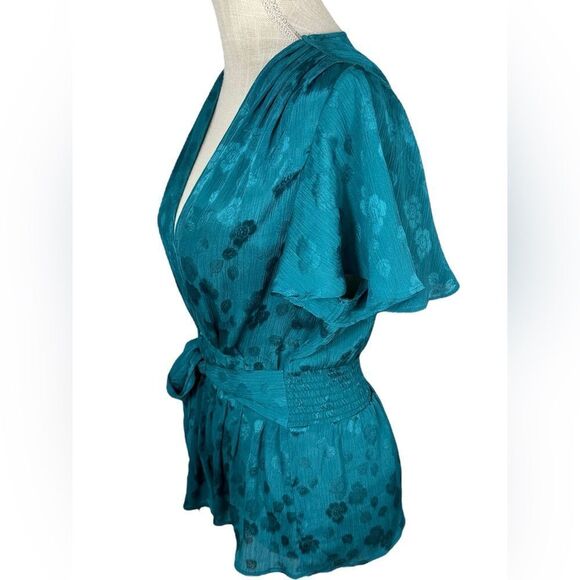 Max Studio Teal Blue Jacquard Chiffon Wrap Style Flutter Sleeve Blouse - Picture 3 of 11